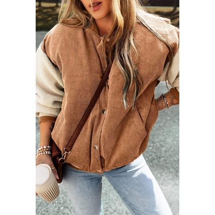 Buckskin Corduroy Fleece Patchwork Buttoned Bomber Jacket