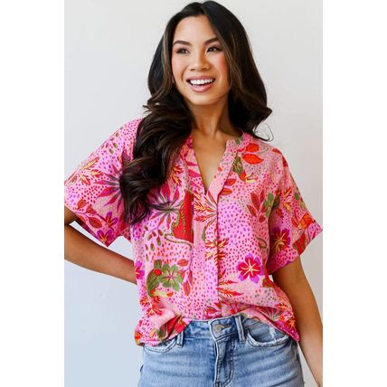 Rose Jungle Floral Print Notch V Neck Blouse