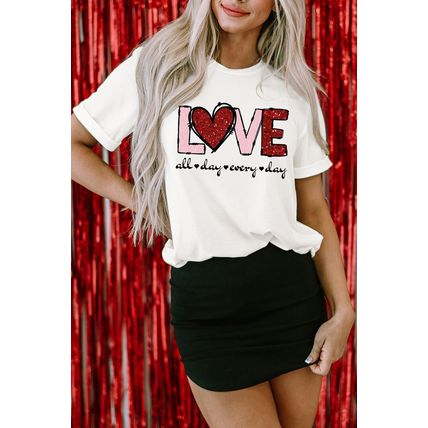 White Valentine LOVE Heart Shape Crew Neck Graphic Tee