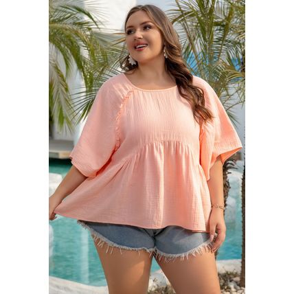 Apricot Pink Plus Size Textured Wide Short Sleeve Babydoll Blouse