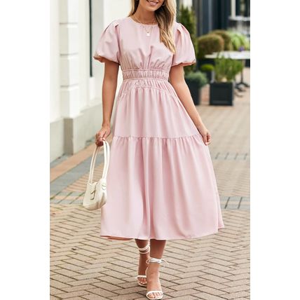 Pink Puff Sleeve Pleated High Waist Flowy Midi Dress