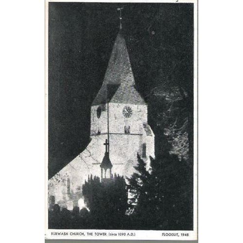 Burwash, E. Sussex - Church Tower, floodlit 1948 - postcard