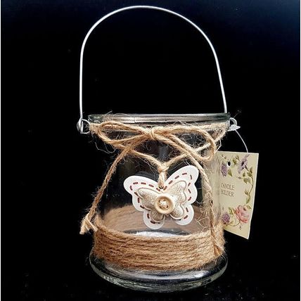 Tea Light Glass Candle Holder With Wood Butterfly Design