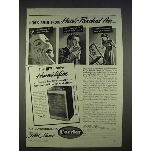 1940 Carrier Humidifier Ad - Relief Heat-Parched Air