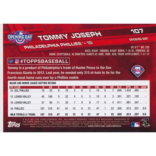 2017 Topps Opening Day 107 Tommy Joseph Philadelphia Phillies