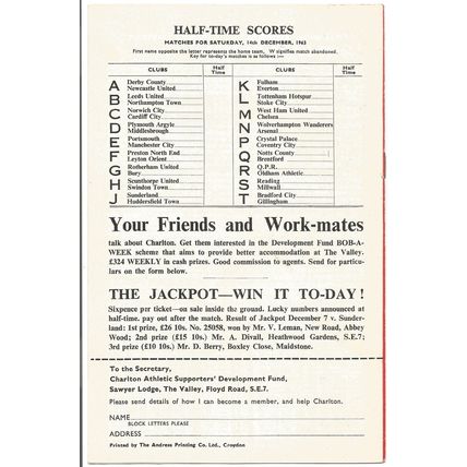 1963-64 CHARLTON ATHLETIC v SOUTHAMPTON (Reasonably Good Condition - No Writing)