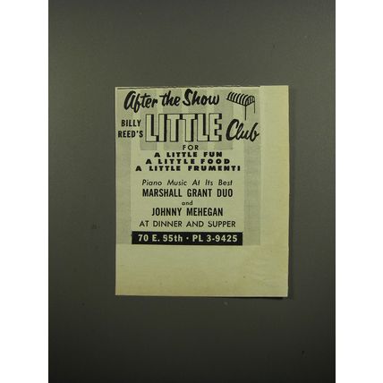 1953 Billy Reed's Little Club Ad - Piano Music Marshall Grant Duo Johnny Mehegan