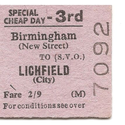 B.T.C. Edmondson Ticket - Birmingham New Street to Lichfield City