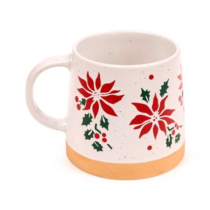 Red Poinsettia Stoneware Mug 9 CM &Boxed Decorated Sticth Pattern Gift Festive