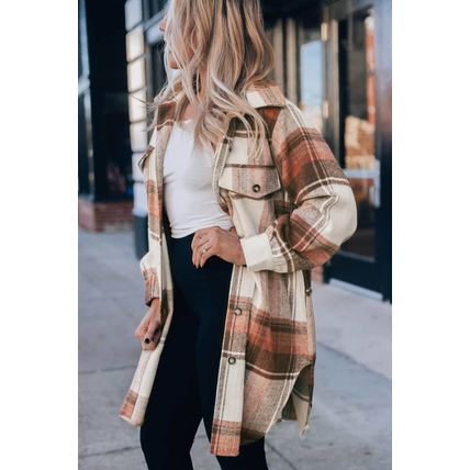 Brown Plaid Print Flap Pockets Long Shacket