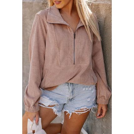 Apricot Ribbed Texture Half Zip Collared Sweatshirt