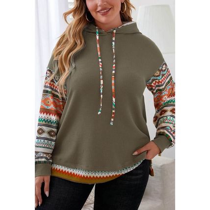 Jungle Green Aztec Patchwork Sleeve Waffle Drawstring Plus Hoodie