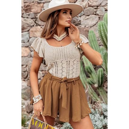 Beige Pointelle Knit Flutter Sleeve Sweater