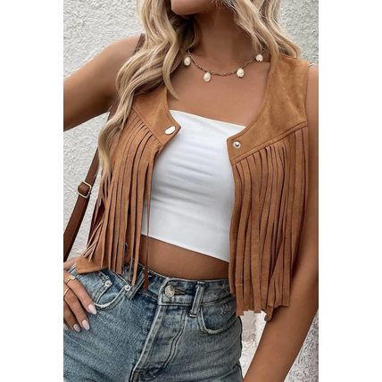Camel Fringed Snap Button Front Suedette Vest