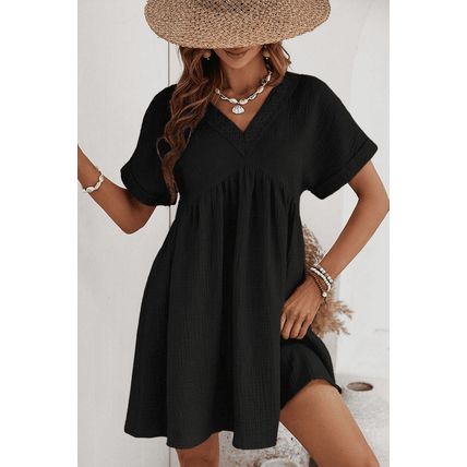 Black Folded Short Sleeve Lace V Neck Mini Dress