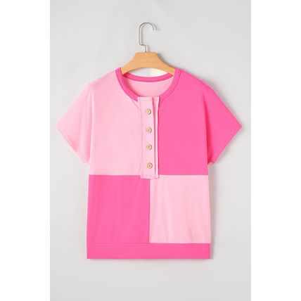 Pink Two Tone Half Buttons Collared T Shirt