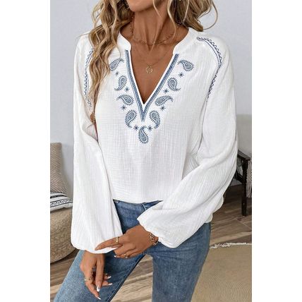 White Paisley Embroidered Textured Split Neck Long Puff Sleeve Blouse