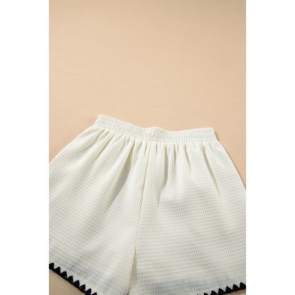 White Waffle Texture Contrast Ricrac Hemline Casual Shorts