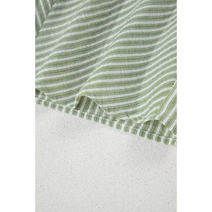 Green Stripe Textured Round Neck Short Puff Sleeve Blouse
