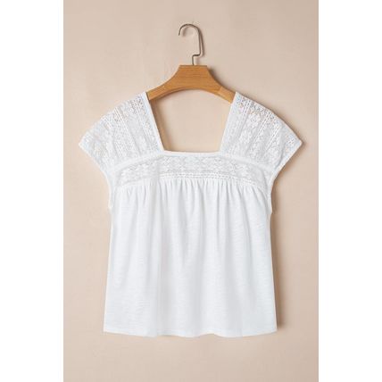 White Hollowed Lace Patchwork Square Neck Short Sleeve Blouse