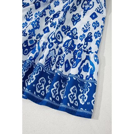 Blue Floral Puff Short Sleeve V Neck High Waist Maxi Dress