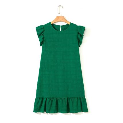 Dark Green Textured Flutter Sleeve Ruffled Mini Dress