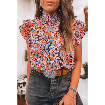 Orange Floral Print Flutter Sleeve Blouse Top