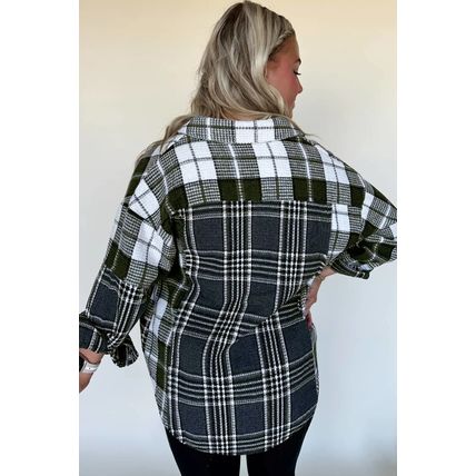 Black Plaid Print Textured Knit Buttoned Shacket