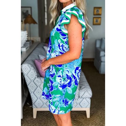 Bright Green Contrast Floral Print Collared V Neckline Ruffled Cap Sleeve Shift