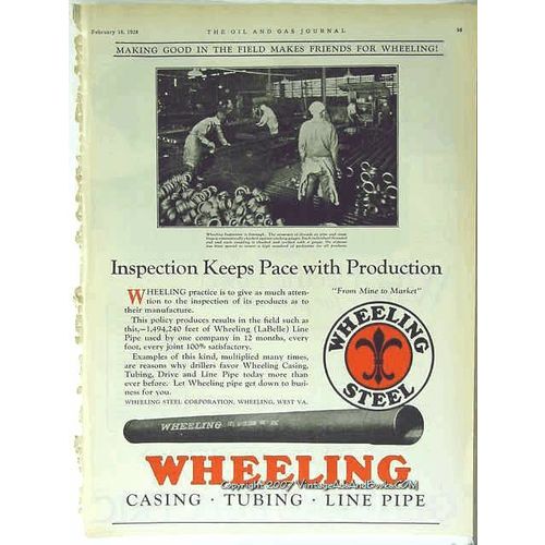 wheeling steel company 1928 gas oil pipeline tubing casing vintage ad