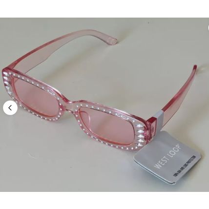 Pink Rectangle Sunglasses, West Loop 59943 PNK VL Pink Lens Jeweled Rhinestones