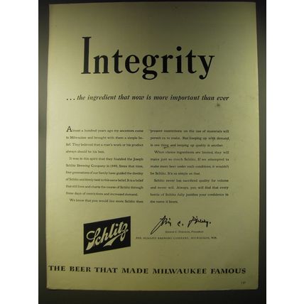 1946 Schlitz Beer Ad - Integrity ..the ingredient that now is more important