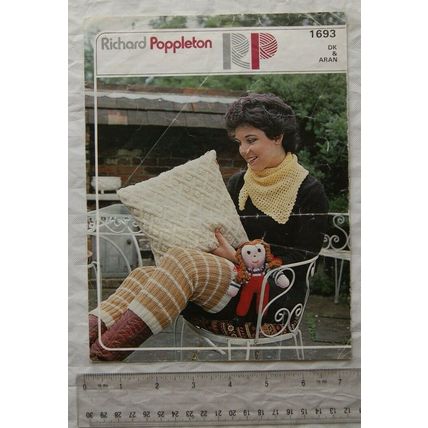 Vintage: Richard Poppleton 1693 cushion cover, leg warmers, doll, lacy scarf