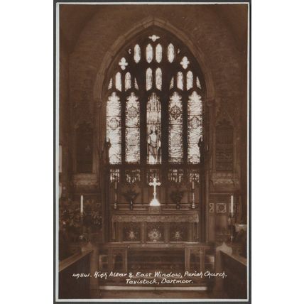 High Altar & East Window, Parish Church, Tavistock, Devon, c1950 - Sweetman RPPC