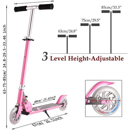 Hikole Scooter for Kids-3 Adjustable Heights-Foldable-LED-PINK-NEW-FAST SHIPPING