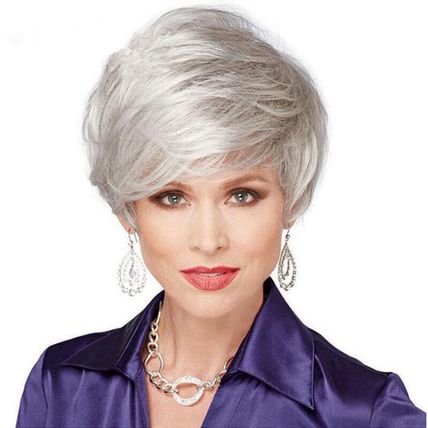 Wig Short Straight Silver Grey Classic Synthetic Hair Wigs Women Ladies