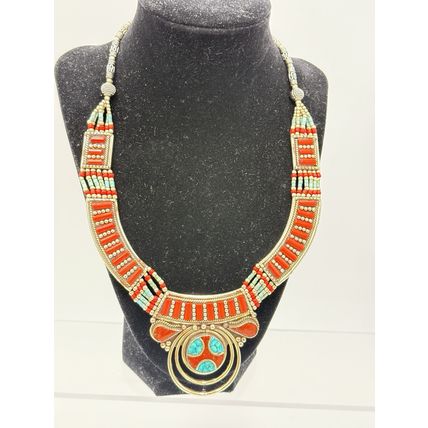 Turquoise Red Coral Gemstone Necklace Tibetan Nepali Jewelry Women Silver Triba