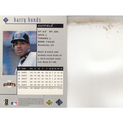 BARRY BONDS 1999 AUTOGRAPHED SAN FRANCISCO GIANTS HOF WORLD CHAMPION HR KING