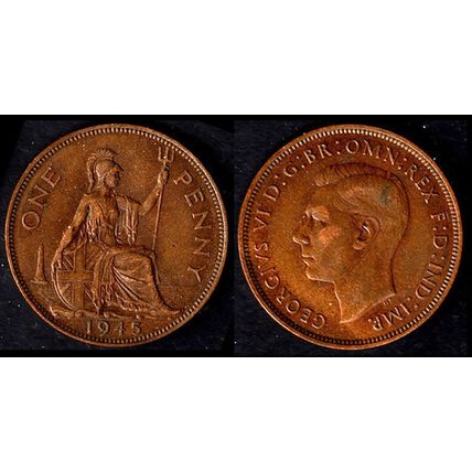United Kingdom One Penny 1945 Britania Used Coin 1d KG VI UK