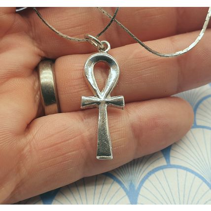 Vintage 800 and 925 Sterling Silver Egyptian Ankh Pendant Choker Necklace