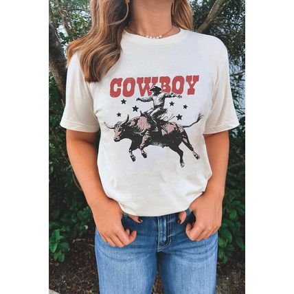 White COWBOY Star Graphic Crewneck Western Fashion Tee