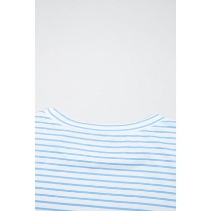 Sky Blue Stripe Floral Three Quarter Sleeves Patchwork Drop Shoulder Top