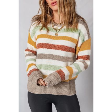 Multicolour Stripe Drop Shoulder Crew Neck Sweater