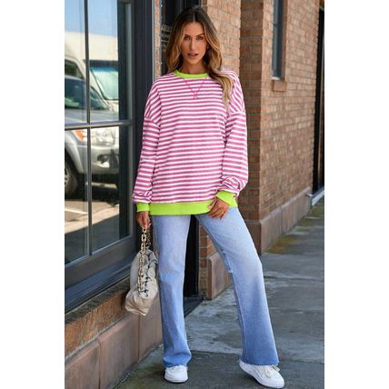Rose Red Striped Contrast Ribbed Trim Crossed Stitch Drop Shoulder Sweatshirt