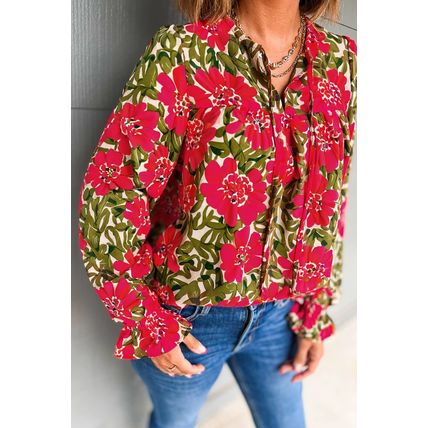 Red Floral Print Lace up V Neck Flounce Sleeve Blouse