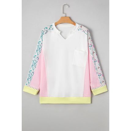 White Floral Colorblock Patchwork Chest Pocket Notched Neck Long Sleeve Top