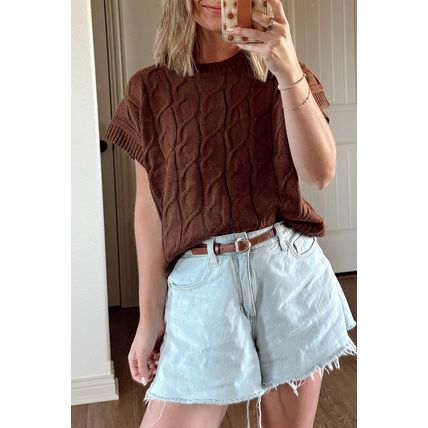 Dark Brown Cable Texture Crew Neck Short Sleeve Sweater Top