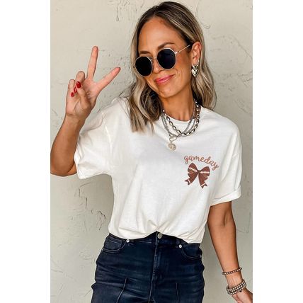 White Game Day Bowknot Embroidered Graphic Casual Tee