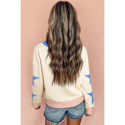 Beige Game Day Sequin Letter Graphic Star Patched Colorblock Sweatshirt
