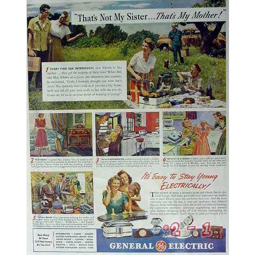 GENERAL ELECTRIC 1940 not my sister stay young electrically vintage ad